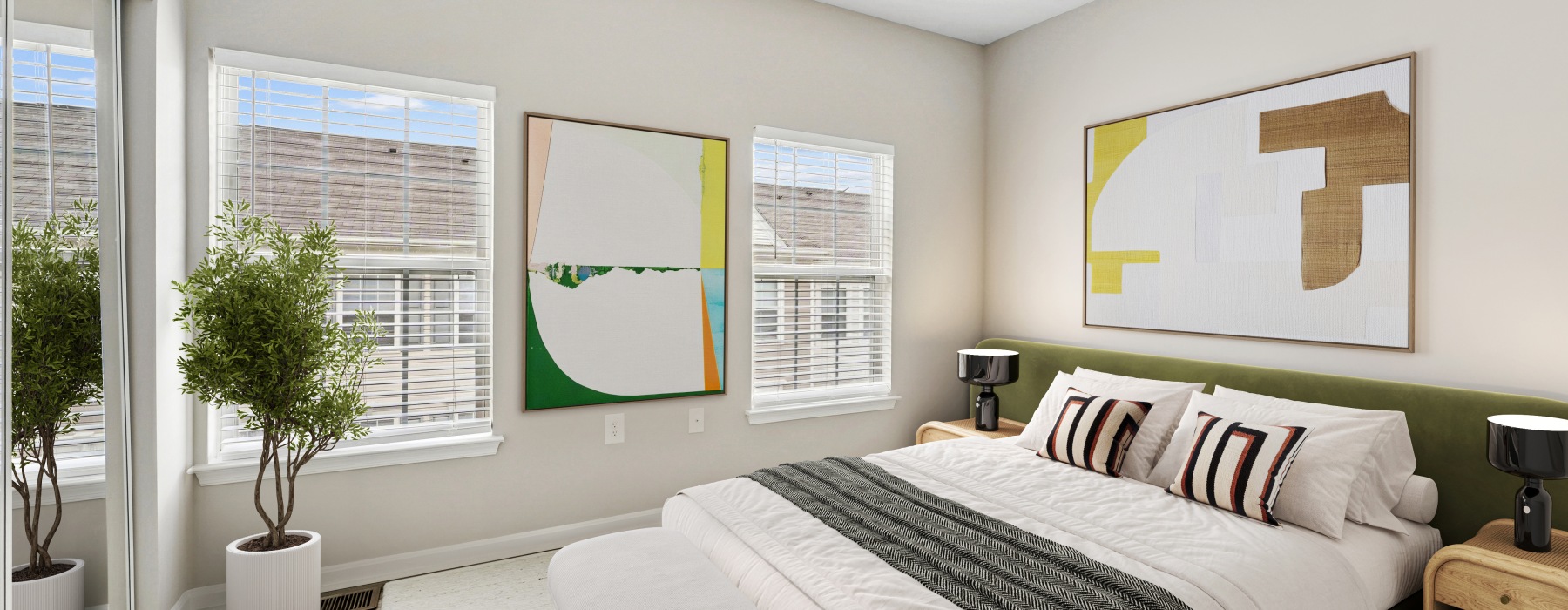 Bedroom with natural lighting and high ceilings