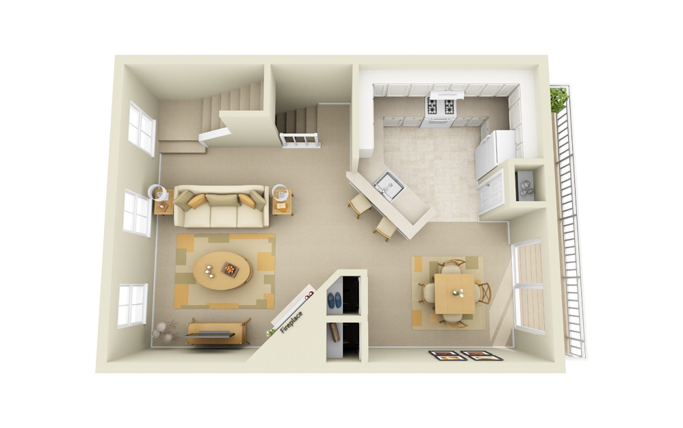 Amelia - 2 bedroom floorplan layout with 2 baths and 1264 square feet. (Level 1)