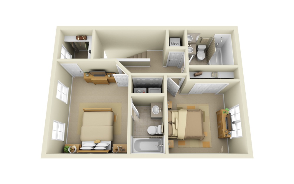 Amelia - 2 bedroom floorplan layout with 2 baths and 1264 square feet. (Level 2)