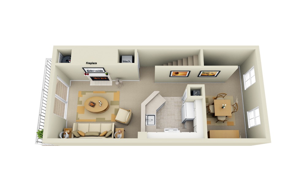 Caroline - 2 bedroom floorplan layout with 2 baths and 1292 square feet. (Level 1)