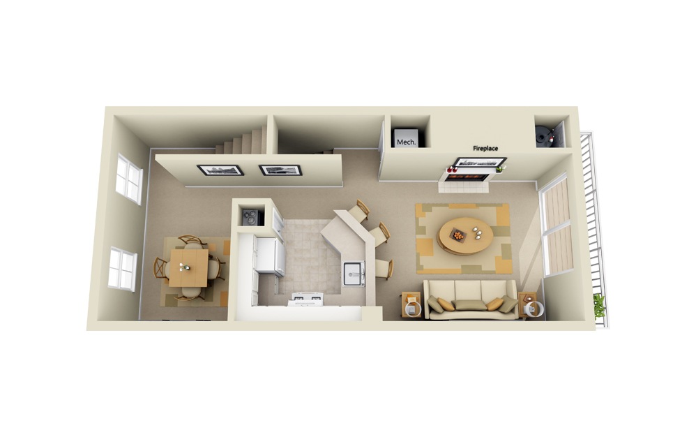 Essex - 2 bedroom floorplan layout with 2 baths and 1292 square feet. (Level 1)