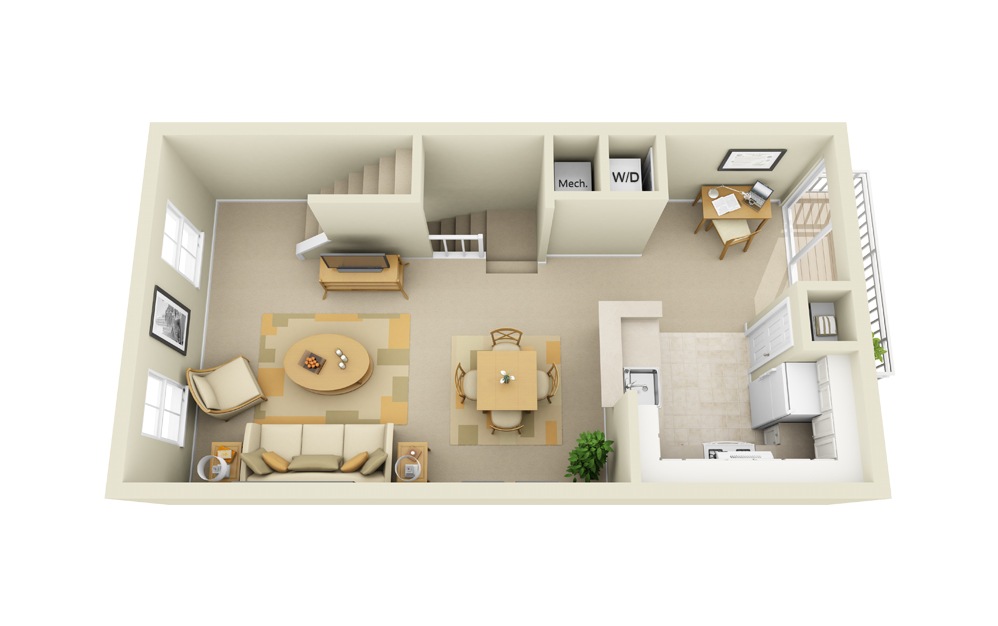 Madison - 2 bedroom floorplan layout with 2.5 baths and 1411 square feet. (Level 1)